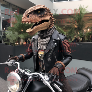 nan Velociraptor mascot costume character dressed with a Moto Jacket and Necklaces