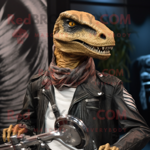 nan Velociraptor mascot costume character dressed with a Moto Jacket and Necklaces