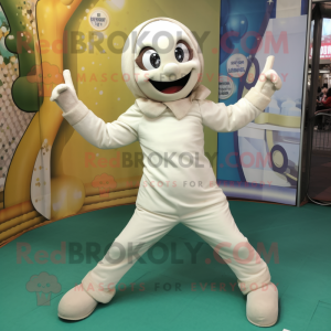 Cream Contortionist mascot costume character dressed with a Overalls and Anklets