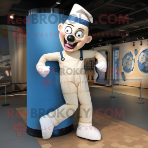 Cream Contortionist mascot costume character dressed with a Overalls and Anklets