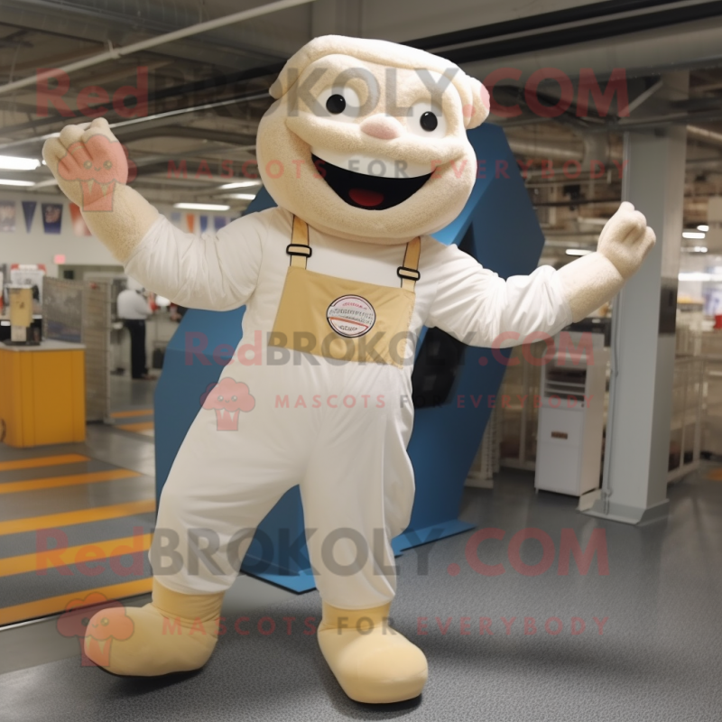 Cream Contortionist mascot costume character dressed with a Overalls and Anklets Cream Contortionist mascot costume character dressed with a Overalls and Anklets