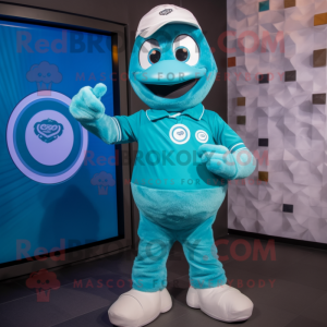 Teal Ice mascot costume character dressed with a Polo Shirt and Digital watches