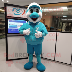 Teal Ice mascot costume character dressed with a Polo Shirt and Digital watches
