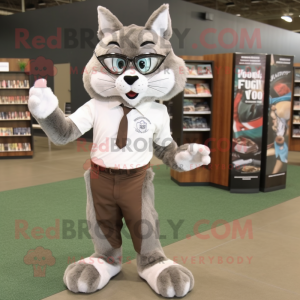 Gray Bobcat mascot costume character dressed with a Sheath Dress and Reading glasses