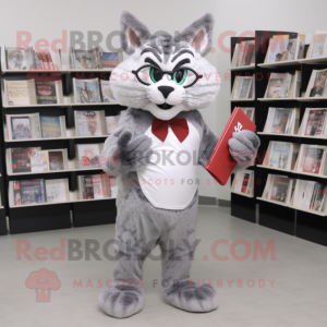 Gray Bobcat mascot costume character dressed with a Sheath Dress and Reading glasses