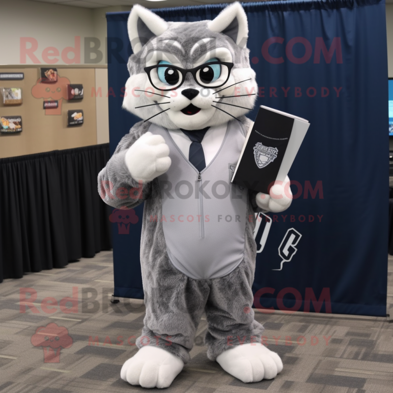 Gray Bobcat mascot costume character dressed with a Sheath Dress and Reading glasses