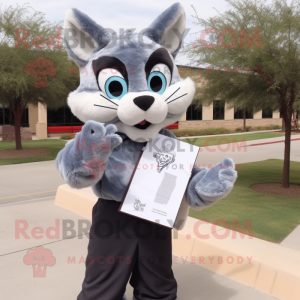 Gray Bobcat mascot costume character dressed with a Sheath Dress and Reading glasses