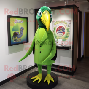 Lime Green Toucan mascot costume character dressed with a Suit Jacket and Shawl pins