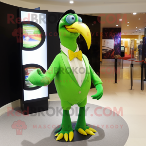 Lime Green Toucan mascot costume character dressed with a Suit Jacket and Shawl pins