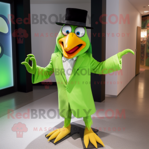 Lime Green Toucan mascot costume character dressed with a Suit Jacket and Shawl pins