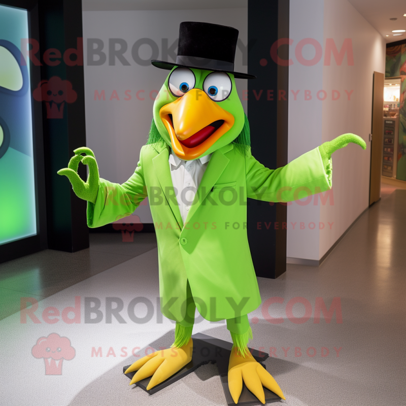 Lime Green Toucan mascot costume character dressed with a Suit Jacket and Shawl pins Lime Green Toucan mascot costume character dressed with a Suit Jacket and Shawl pins