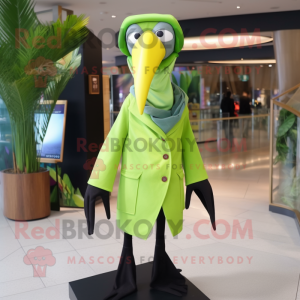 Lime Green Toucan mascot costume character dressed with a Suit Jacket and Shawl pins