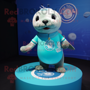 Cyan Seal mascot costume character dressed with a Polo Tee and Hairpins