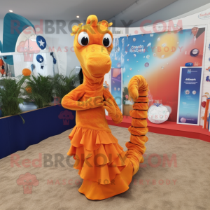 Orange Sea Horse mascot costume character dressed with a Maxi Dress and Scarf clips