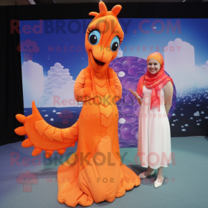 Orange Sea Horse mascot costume character dressed with a Maxi Dress and Scarf clips