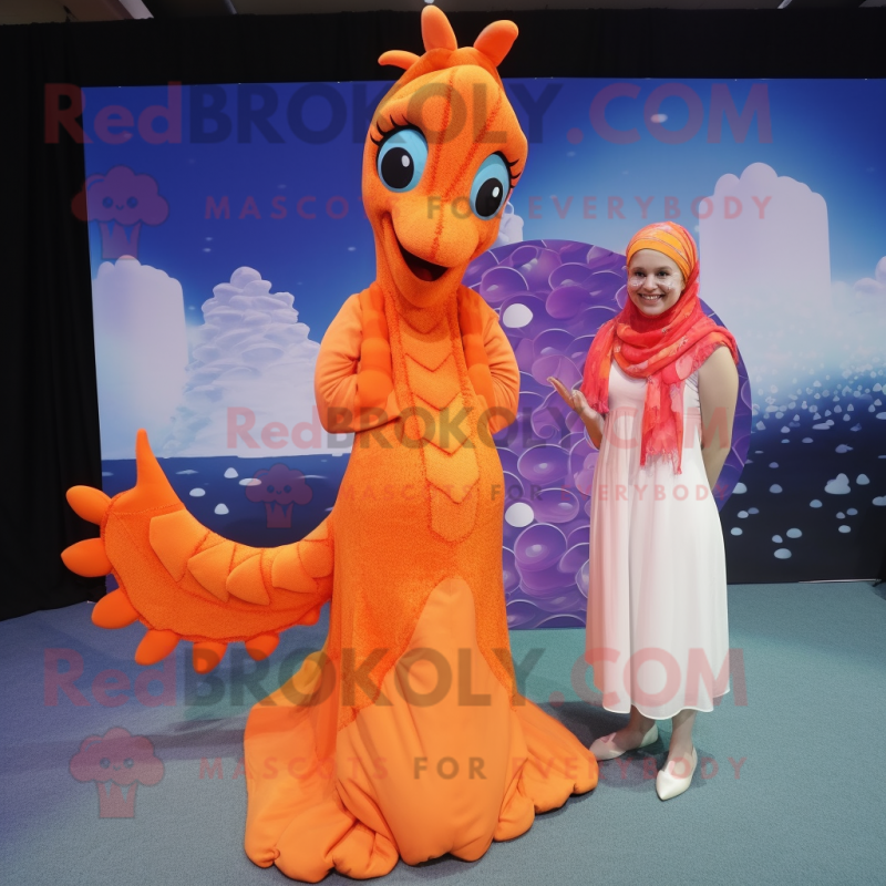 Orange Sea Horse mascot costume character dressed with a Maxi Dress and Scarf clips