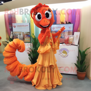 Orange Sea Horse mascot costume character dressed with a Maxi Dress and Scarf clips
