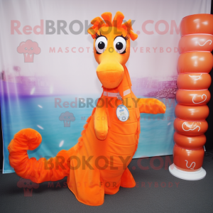 Orange Sea Horse mascot costume character dressed with a Maxi Dress and Scarf clips