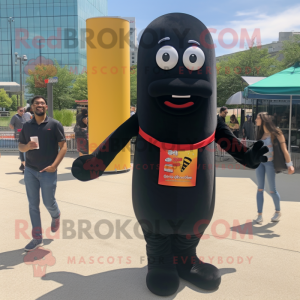 Black Hot Dog mascot costume character dressed with a Bootcut Jeans and Smartwatches