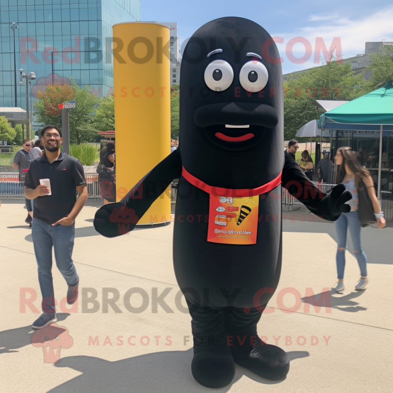 Black Hot Dog mascot costume character dressed with a Bootcut Jeans and Smartwatches Black Hot Dog mascot costume character dressed with a Bootcut Jeans and Smartwatches