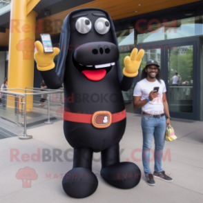 Black Hot Dog mascot costume character dressed with a Bootcut Jeans and Smartwatches