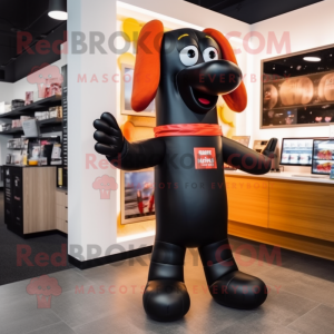 Black Hot Dog mascot costume character dressed with a Bootcut Jeans and Smartwatches