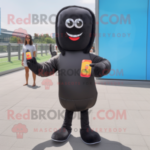 Black Hot Dog mascot costume character dressed with a Bootcut Jeans and Smartwatches