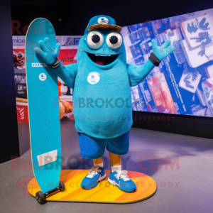 Blue Skateboard mascot costume character dressed with a Board Shorts and Smartwatches