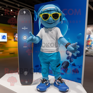 Blue Skateboard mascot costume character dressed with a Board Shorts and Smartwatches
