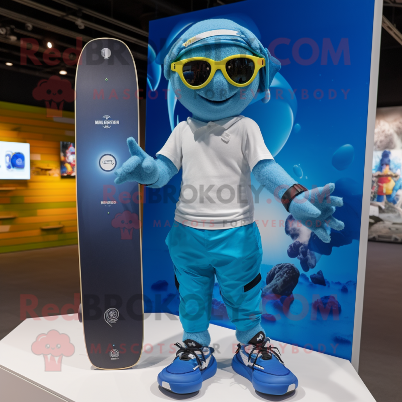 Blue Skateboard mascot costume character dressed with a Board Shorts and Smartwatches