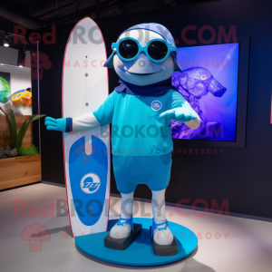 Blue Skateboard mascot costume character dressed with a Board Shorts and Smartwatches