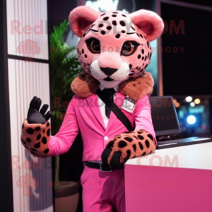 Pink Cheetah mascot costume character dressed with a Coat and Tie pins