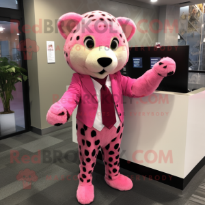 Pink Cheetah mascot costume character dressed with a Coat and Tie pins