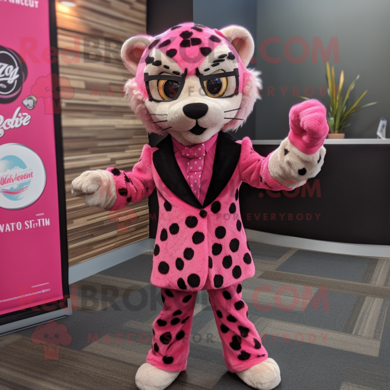 Pink Cheetah mascot costume character dressed with a Coat and Tie pins