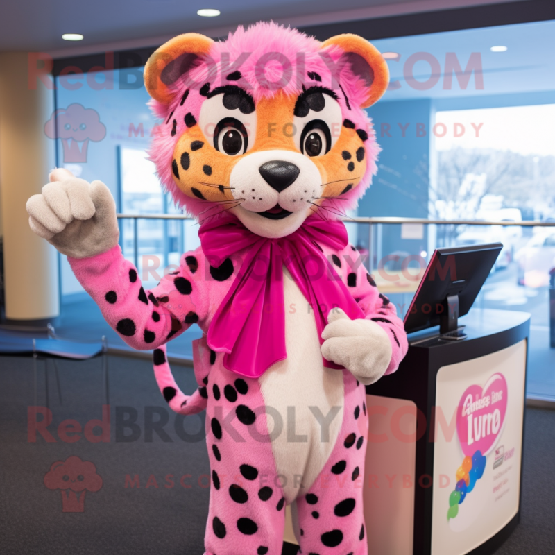 Pink Cheetah mascot costume character dressed with a Coat and Tie pins