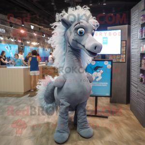 Gray Sea Horse mascot costume character dressed with a T-Shirt and Hair clips