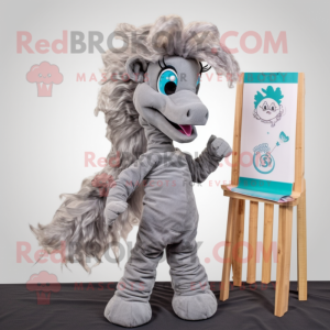 Gray Sea Horse mascot costume character dressed with a T-Shirt and Hair clips