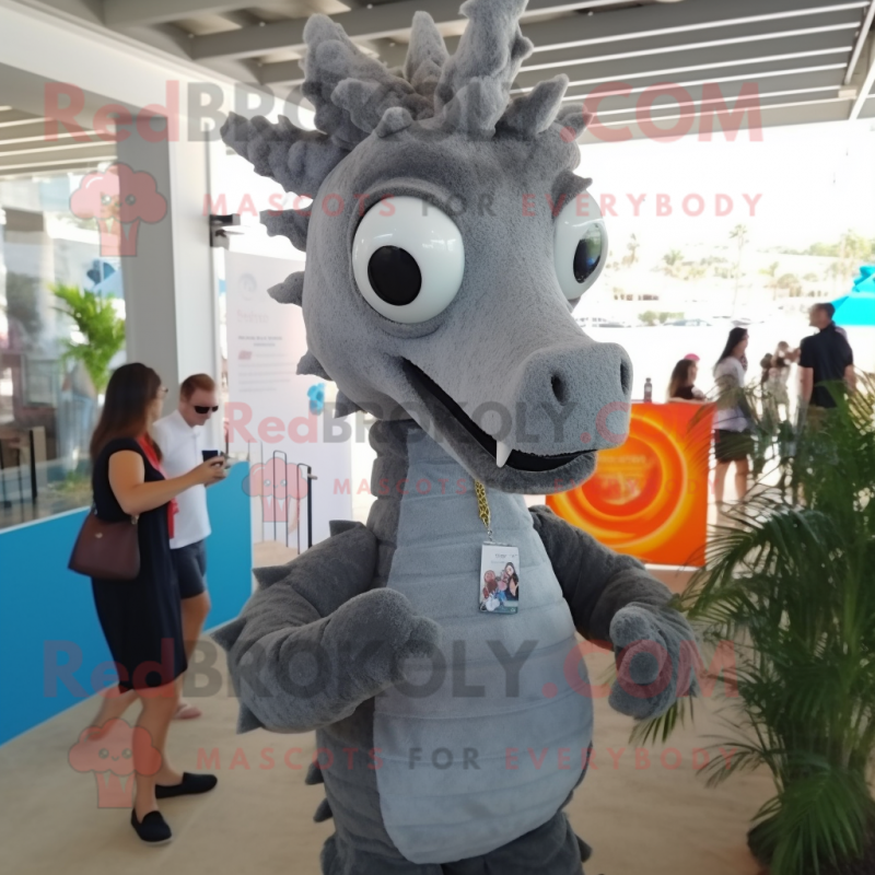 Gray Sea Horse mascot costume character dressed with a T-Shirt and Hair clips