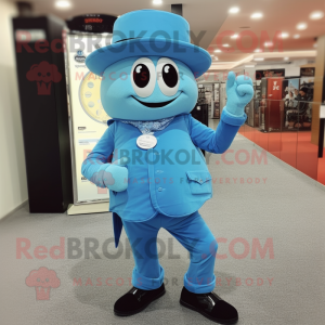 Sky Blue Wrist Watch mascot costume character dressed with a Vest and Hat pins