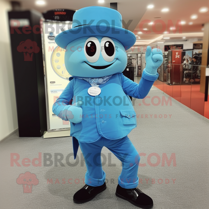 Sky Blue Wrist Watch mascot costume character dressed with a Vest and Hat pins Sky Blue Wrist Watch mascot costume character dressed with a Vest and Hat pins
