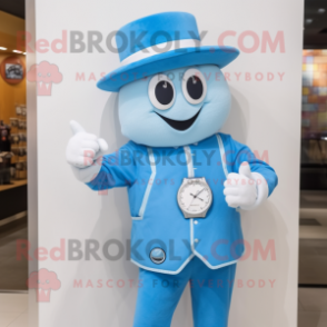 Sky Blue Wrist Watch mascot costume character dressed with a Vest and Hat pins