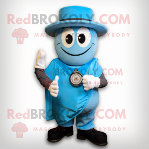 Sky Blue Wrist Watch mascot costume character dressed with a Vest and Hat pins