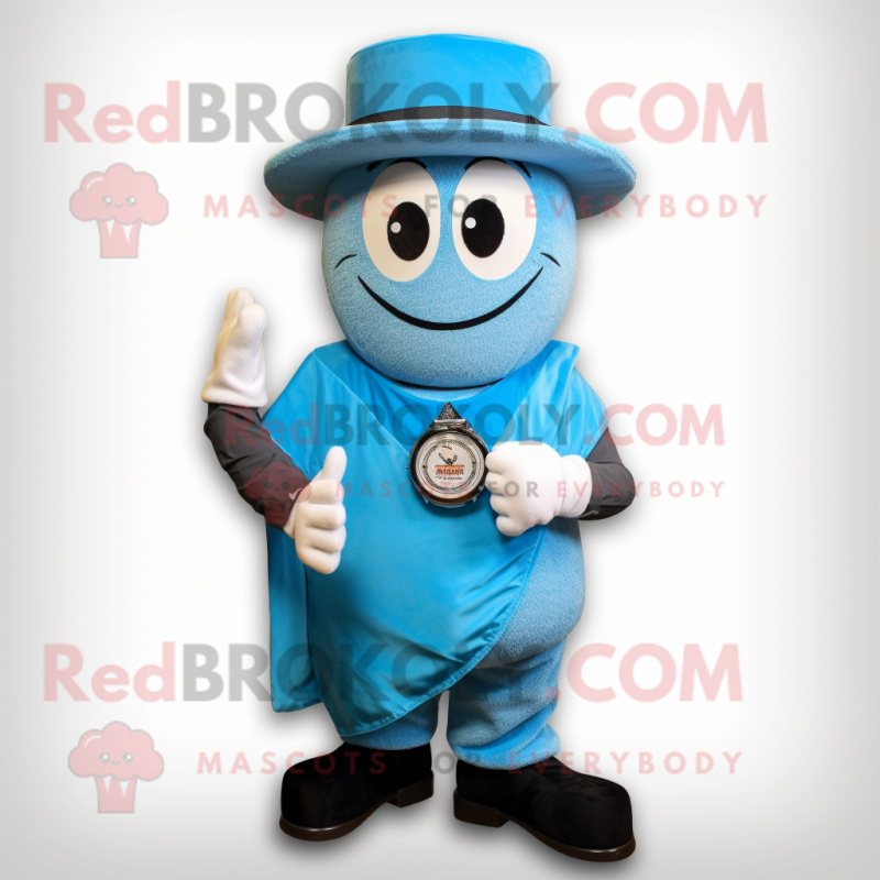 Sky Blue Wrist Watch mascot costume character dressed with a Vest and Hat pins Sky Blue Wrist Watch mascot costume character dressed with a Vest and Hat pins