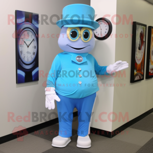 Sky Blue Wrist Watch mascot costume character dressed with a Vest and Hat pins