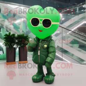 Green Heart Shaped Balloons mascot costume character dressed with a Coat and Sunglasses