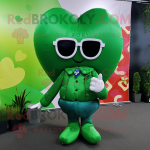 Green Heart Shaped Balloons mascot costume character dressed with a Coat and Sunglasses