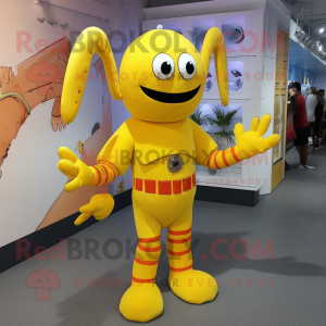 Yellow Lobster mascot costume character dressed with a Bodysuit and Shoe clips