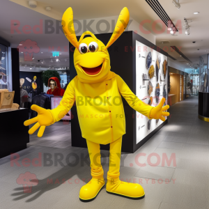 Yellow Lobster mascot costume character dressed with a Bodysuit and Shoe clips