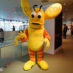Yellow Lobster mascot costume character dressed with a Bodysuit and Shoe clips
