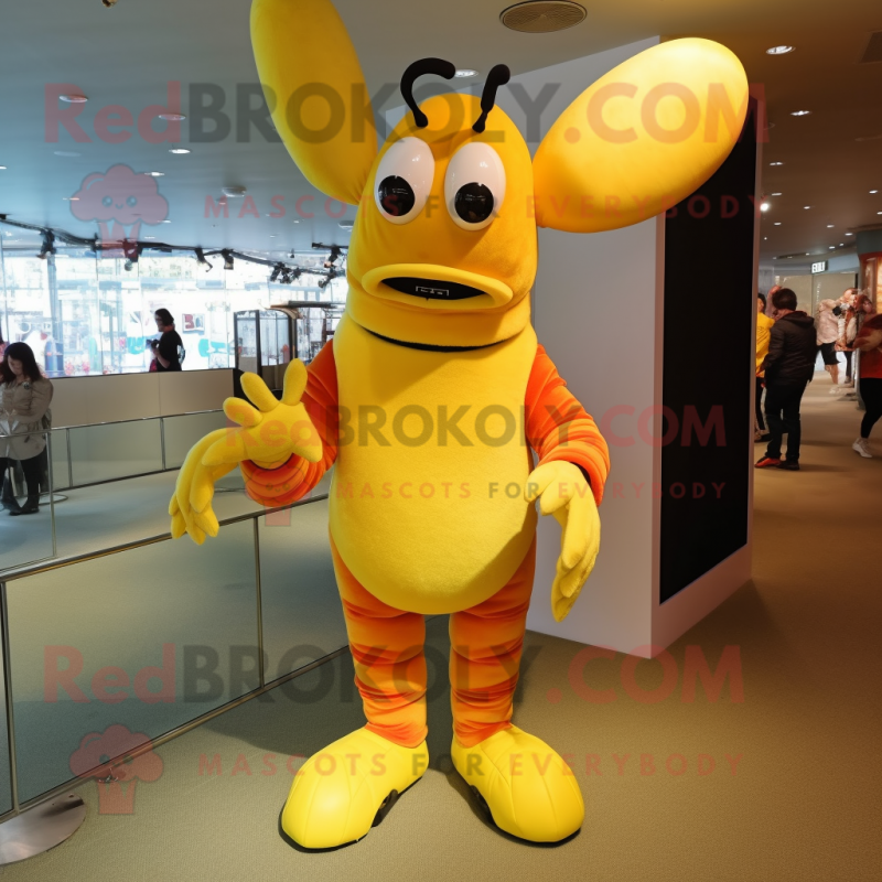 Yellow Lobster mascot costume character dressed with a Bodysuit and Shoe clips